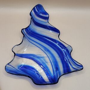 Vintage Blue Swirl Glass Art Glass Christmas Tree Dish Piece